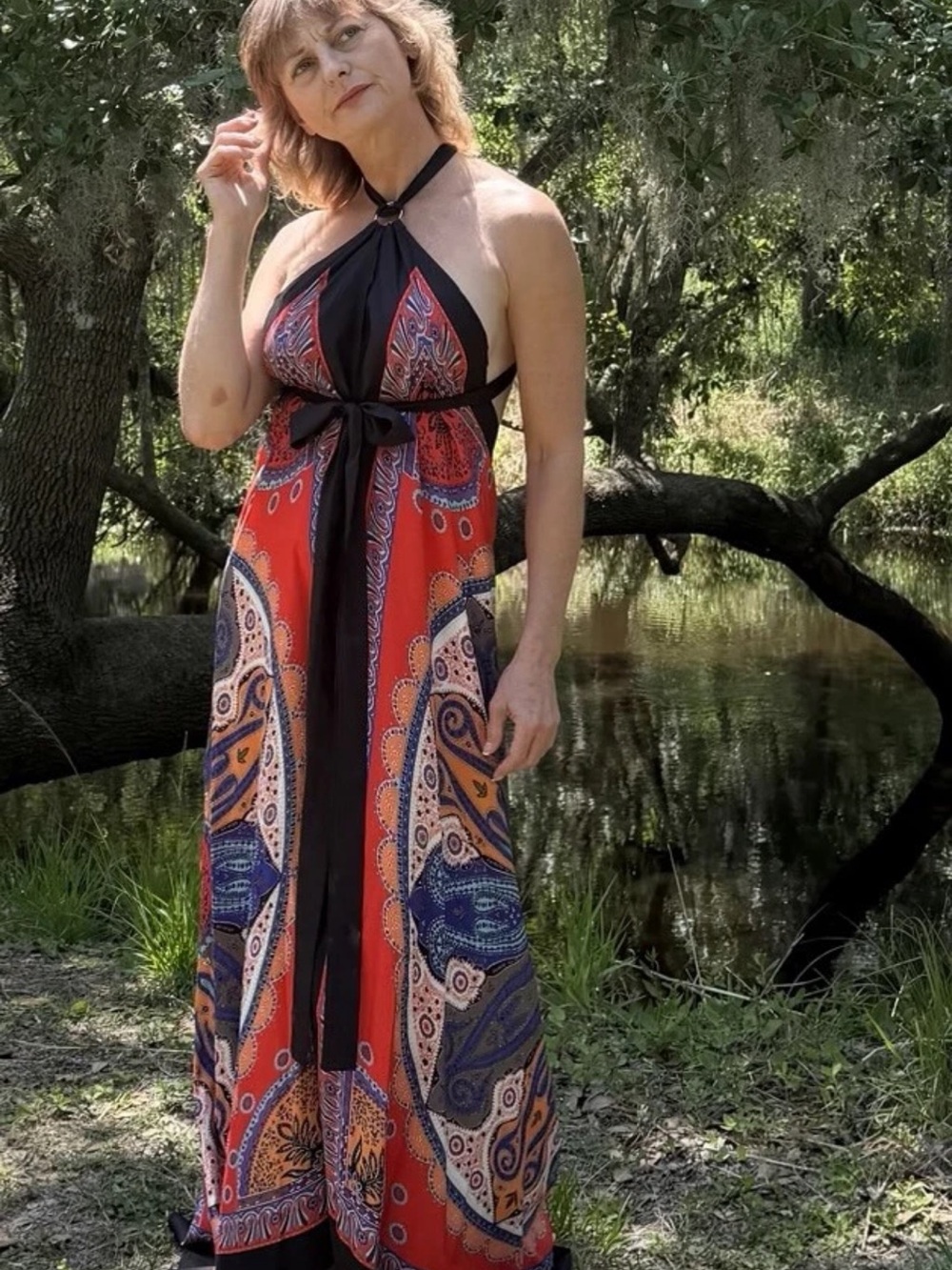 CBR Red Paisley Halter Maxi Dress with Black Tie Accent